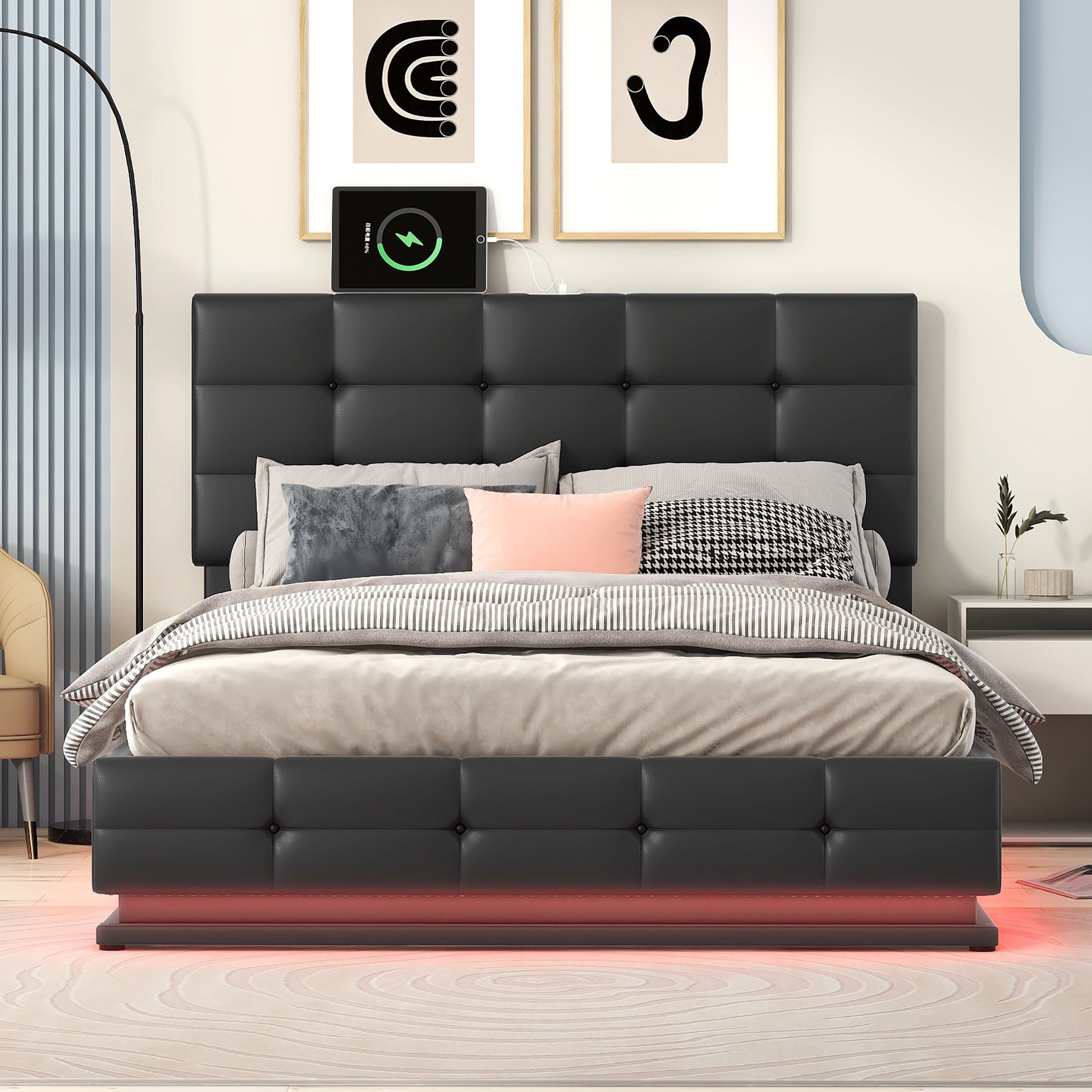 Full Size Tufted Upholstered Platform Bed With Hydraulic Storage System,Pu Storage Bed With Led Lights And Usb Charger, Black Black Pu
