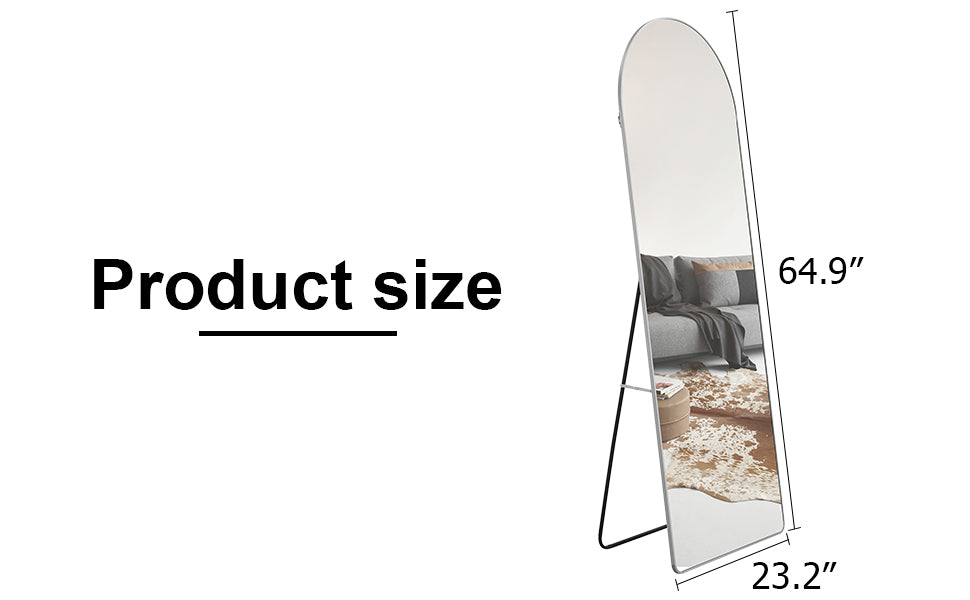 4Rd Generation Silver Aluminum Alloy Metal Frame Arched Wall Mirror, Bathroom Makeup Mirror, Decorative Mirror, Clothing Store, Floor Standing Large Mirror, Wall Mounted. 65 "* 23"W1151125606 Silver Glass