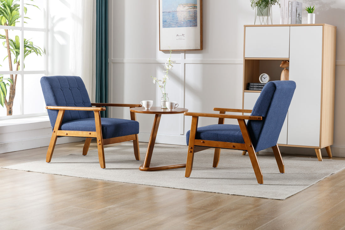 Accent Chairs Set Of 2 With Side Table, Mid Century Modern Accent Chair, Wood And Fabric Armchairs Side Chair, Lounge Reading Comfy Arm Chair For Living Room, Bedroom, Office Navy Linen