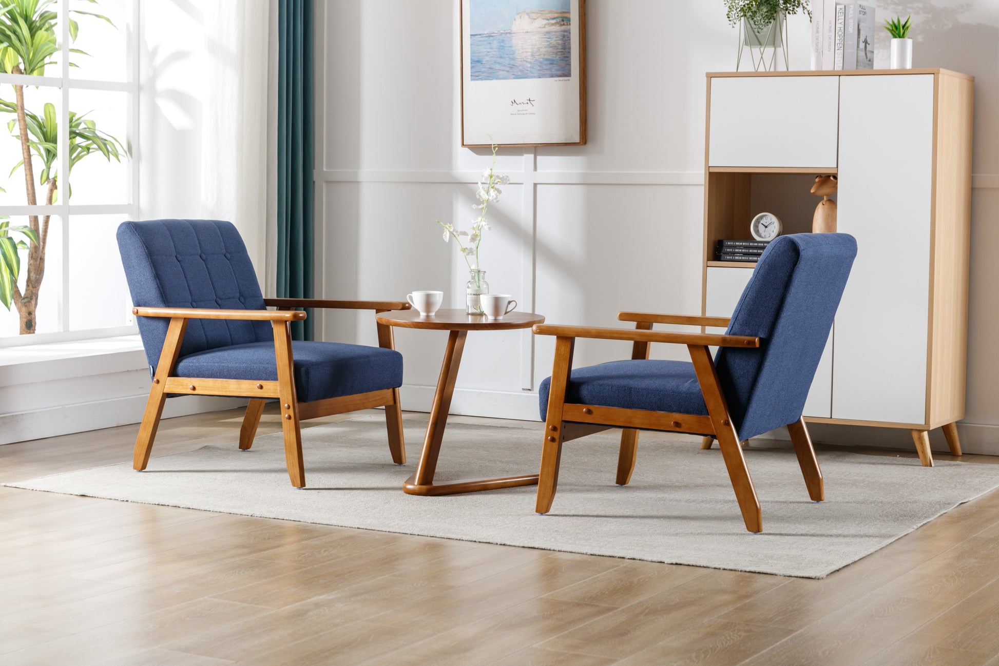Accent Chairs Set Of 2 With Side Table, Mid Century Modern Accent Chair, Wood And Fabric Armchairs Side Chair, Lounge Reading Comfy Arm Chair For Living Room, Bedroom, Office Navy Linen