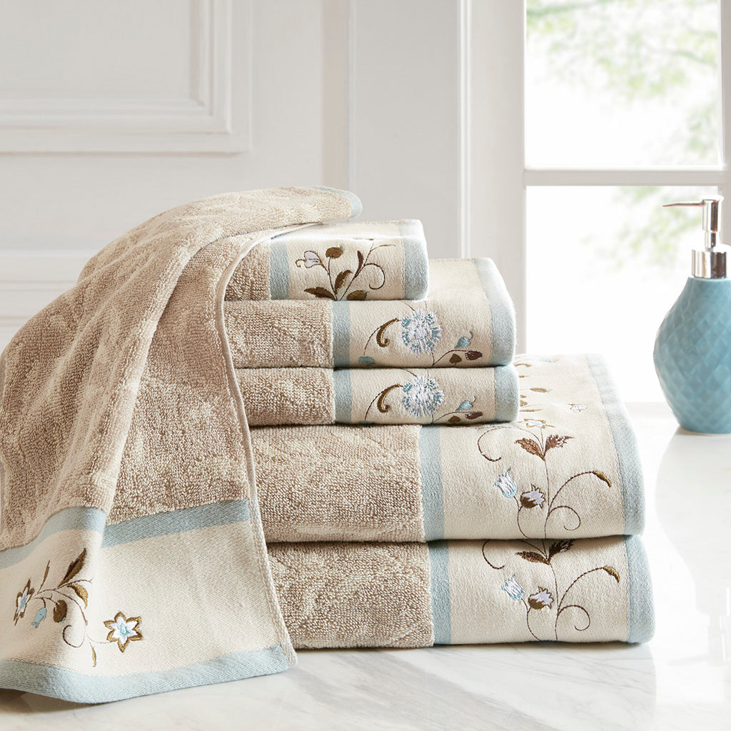 Embroidered Cotton Jacquard 6 Piece Towel Set Blue Cotton