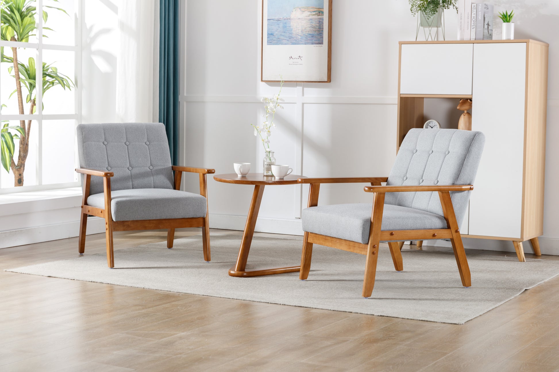 Accent Chairs Set Of 2 With Side Table, Mid Century Modern Accent Chair, Wood And Fabric Armchairs Side Chair, Lounge Reading Comfy Arm Chair For Living Room, Bedroom, Office Light Gray Polyester