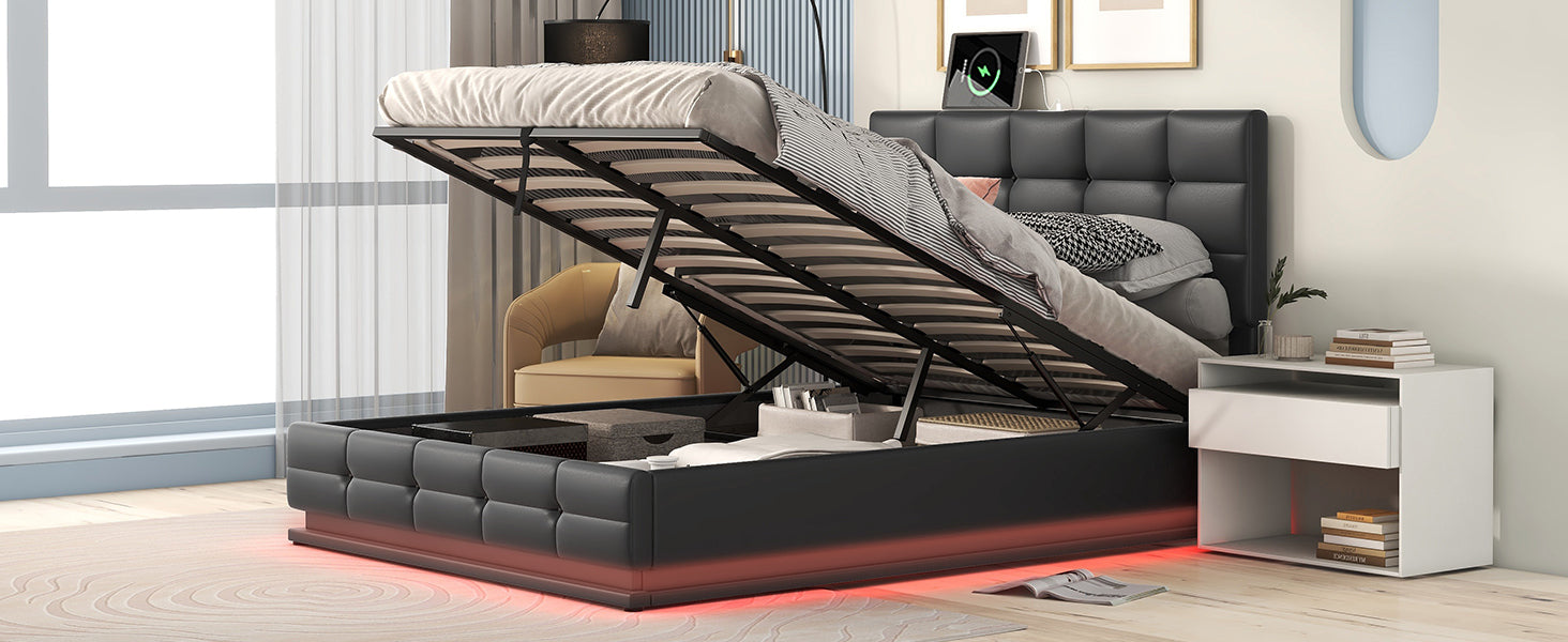 Full Size Tufted Upholstered Platform Bed With Hydraulic Storage System,Pu Storage Bed With Led Lights And Usb Charger, Black Black Pu