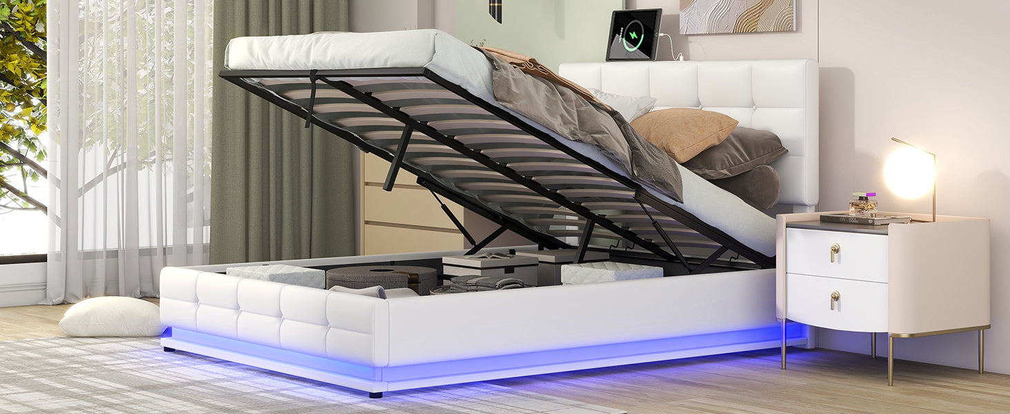 Full Size Tufted Upholstered Platform Bed With Hydraulic Storage System,Pu Storage Bed With Led Lights And Usb Charger, White Expected Arrival Time: 5.15,At White Pu