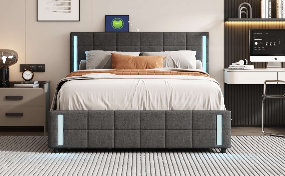 Queen Size Upholstered Platform Bed With Led Lights And Usb Charging, Storage Bed With 4 Drawers, Gray Linen Gray Linen