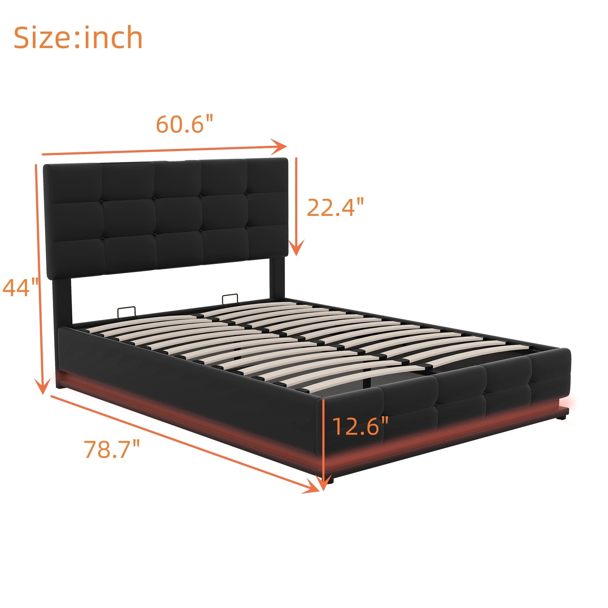 Full Size Tufted Upholstered Platform Bed With Hydraulic Storage System,Pu Storage Bed With Led Lights And Usb Charger, Black Black Pu