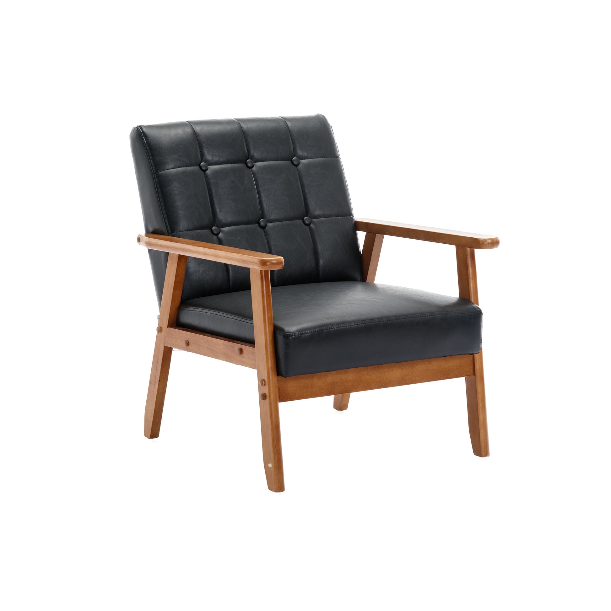 Accent Chairs Set Of 2 With Side Table, Mid Century Modern Accent Chair, Wood And Fabric Armchairs Side Chair, Lounge Reading Comfy Arm Chair For Living Room, Bedroom, Office Black Pu Pu Leather