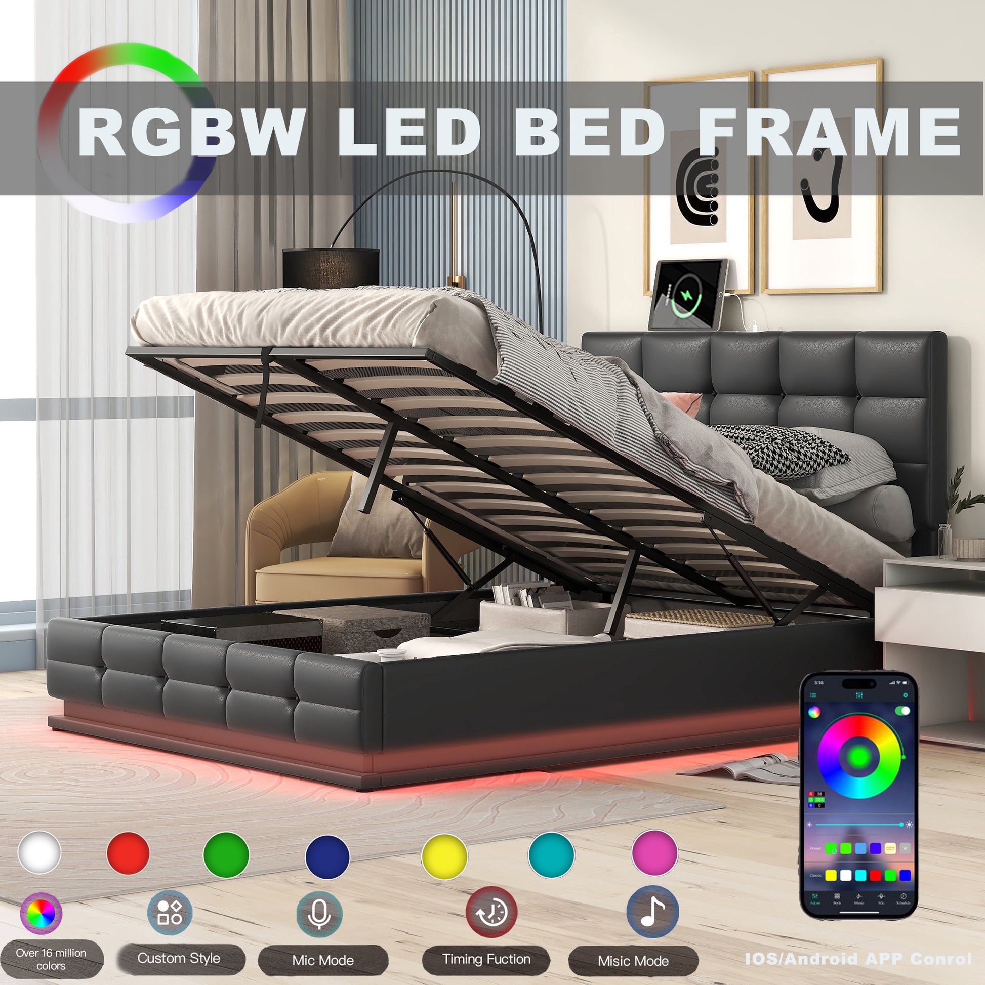 Full Size Tufted Upholstered Platform Bed With Hydraulic Storage System,Pu Storage Bed With Led Lights And Usb Charger, Black Black Pu