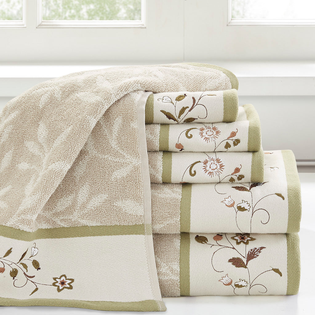 Embroidered Cotton Jacquard 6 Piece Towel Set Green Cotton