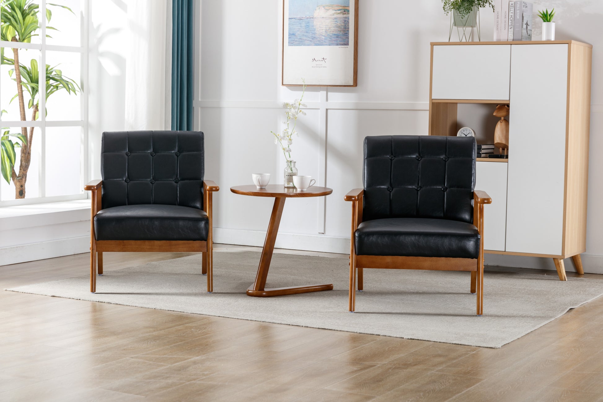 Accent Chairs Set Of 2 With Side Table, Mid Century Modern Accent Chair, Wood And Fabric Armchairs Side Chair, Lounge Reading Comfy Arm Chair For Living Room, Bedroom, Office Black Pu Pu Leather