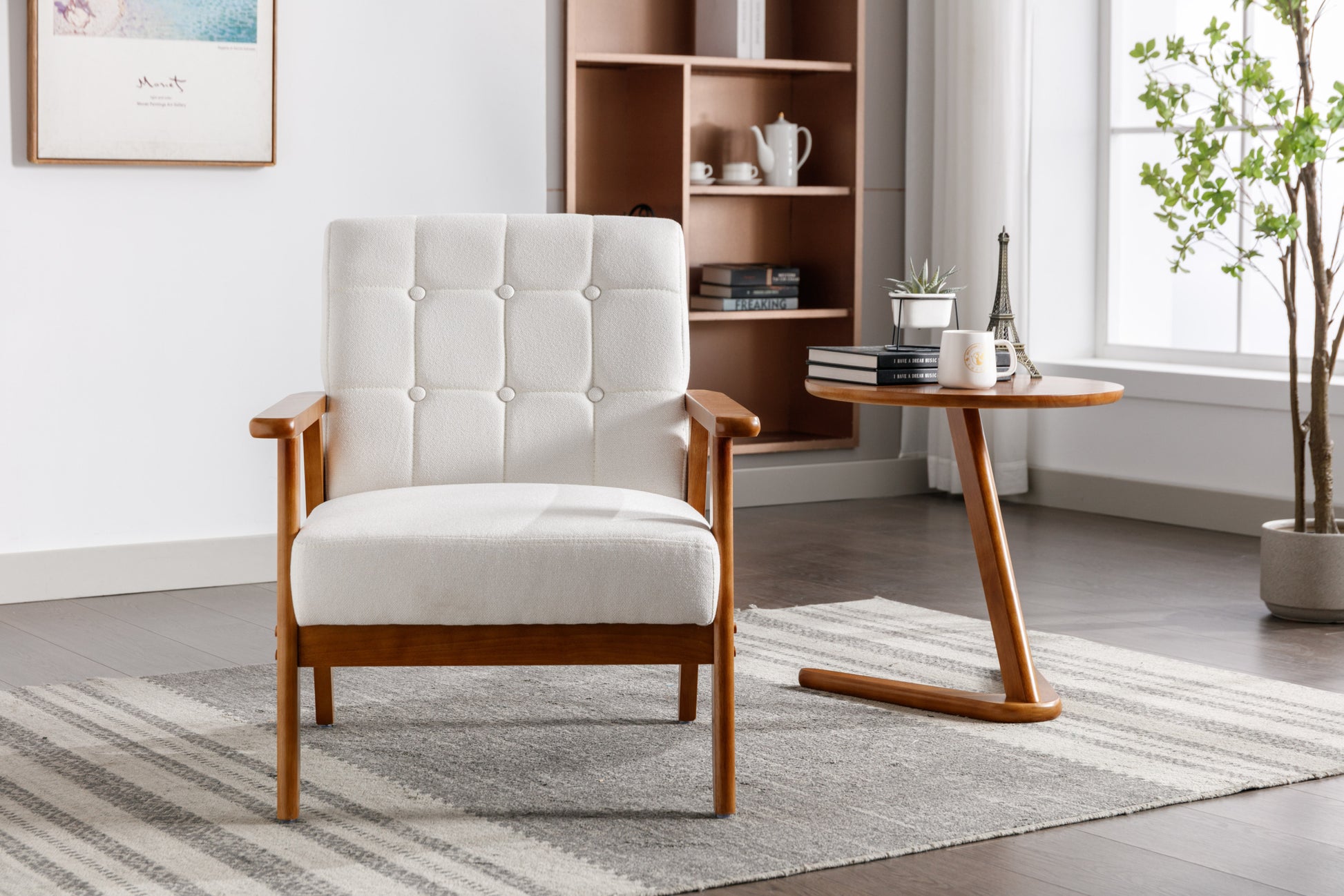Leisure Chair With Solid Wood Armrest And Feet, Mid Century Modern Accent Chair, For Living Room Bedroom Studio Chair Beige Linen
