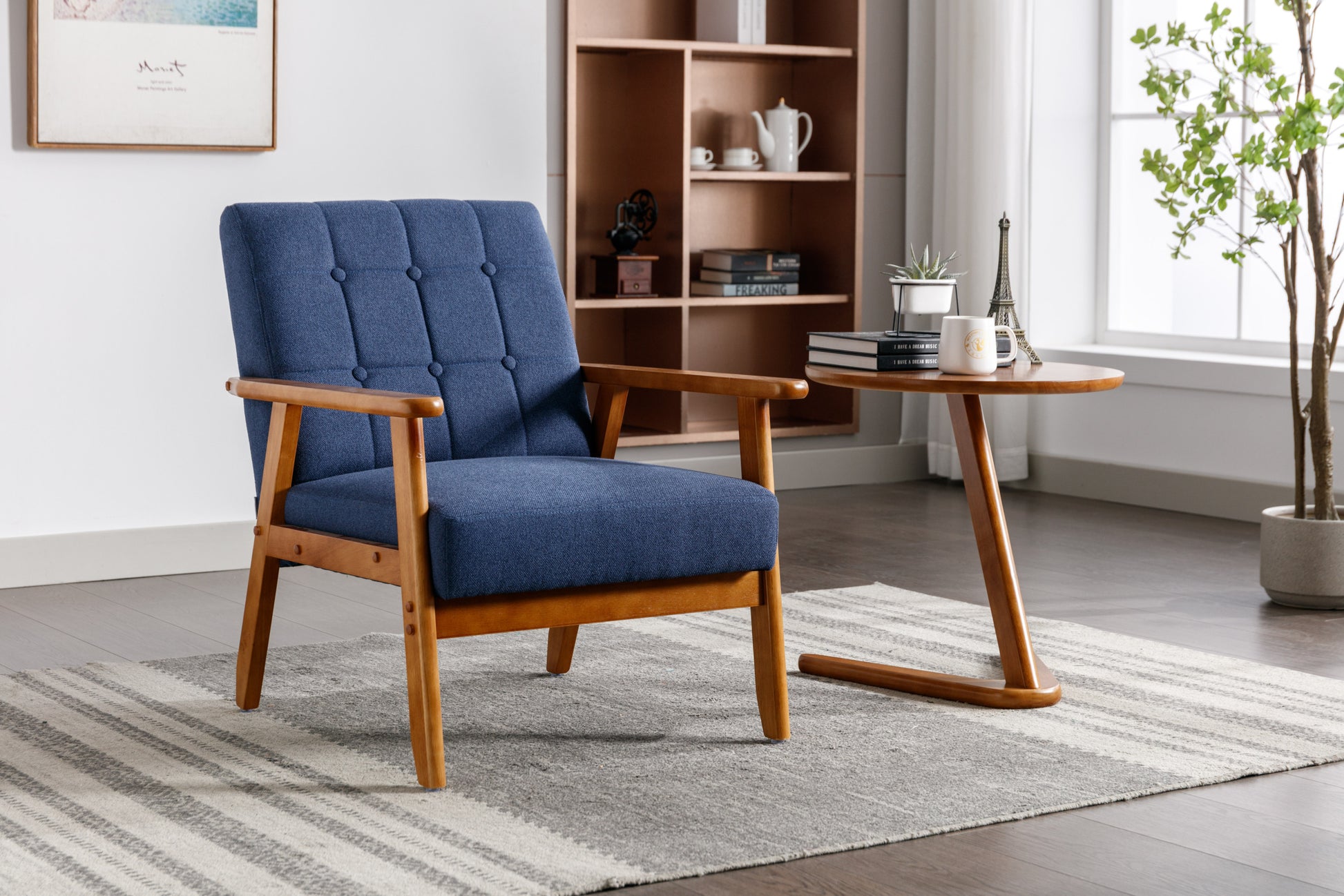 Leisure Chair With Solid Wood Armrest And Feet, Mid Century Modern Accent Chair, For Living Room Bedroom Studio Chair Navy Linen