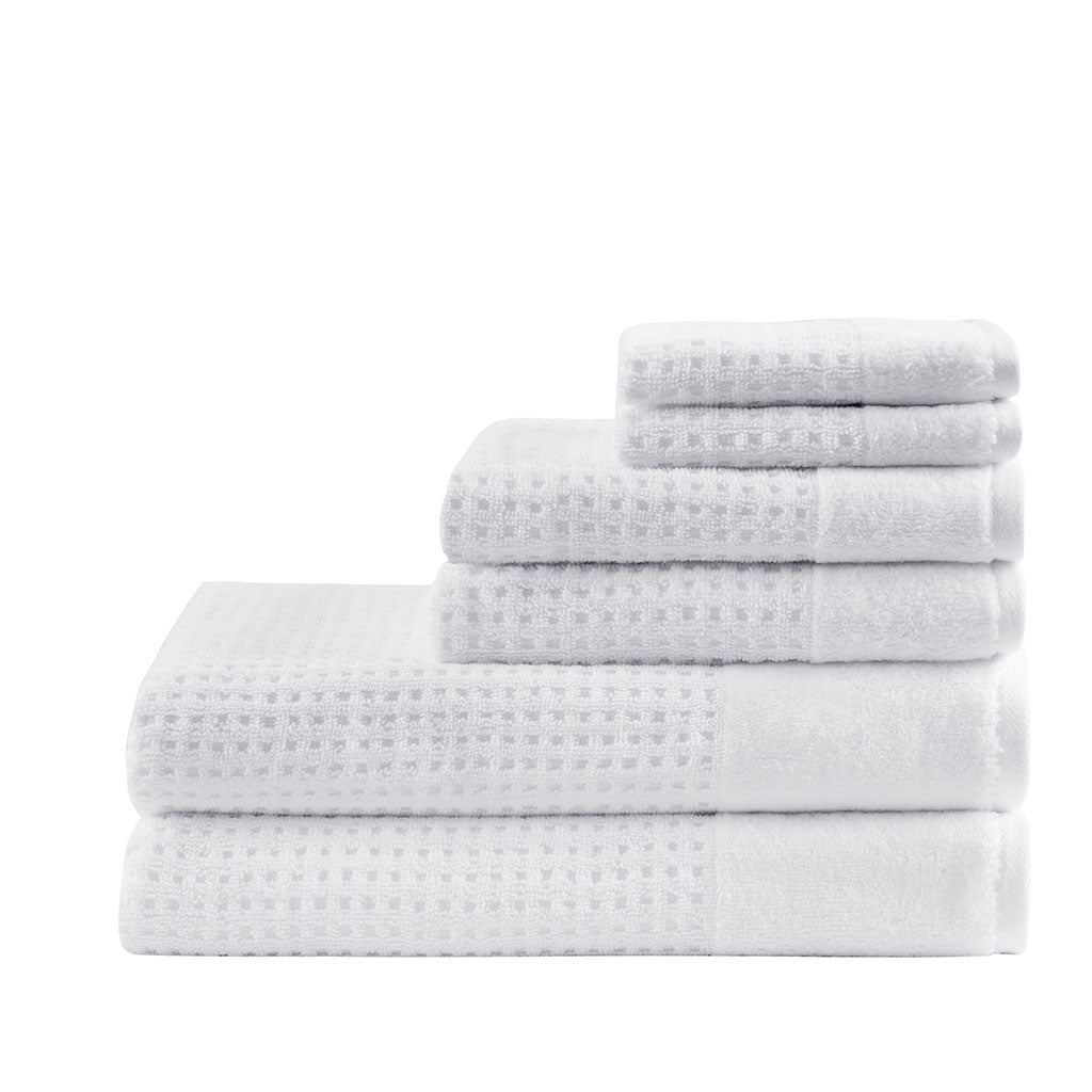 Cotton Waffle Jacquard Antimicrobial Bath Towel 6 Piece Set White Cotton