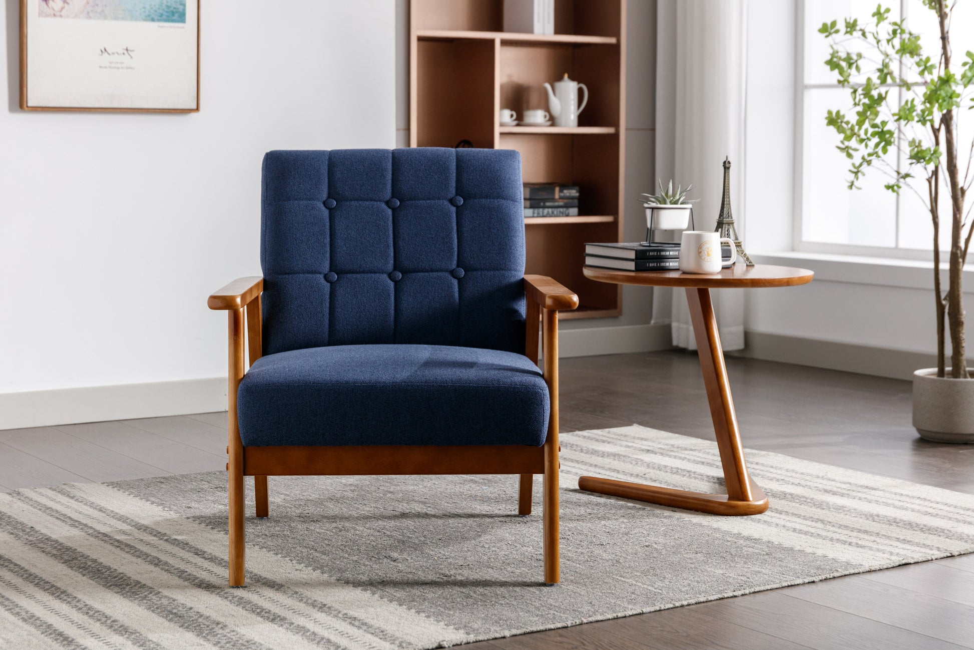 Leisure Chair With Solid Wood Armrest And Feet, Mid Century Modern Accent Chair, For Living Room Bedroom Studio Chair Navy Linen