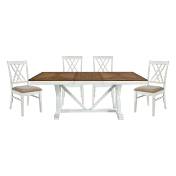 Modern Style White And Oak Finish 5Pc Dining Set Table W Extension Leaf 4X Side Chairs Upholstered Seat Charming Traditional Dining Room Furniture Wood Wood Multicolor Seats 4 Wood Dining Room Extendable Modern Rectangular Dining Table With Chair Wood