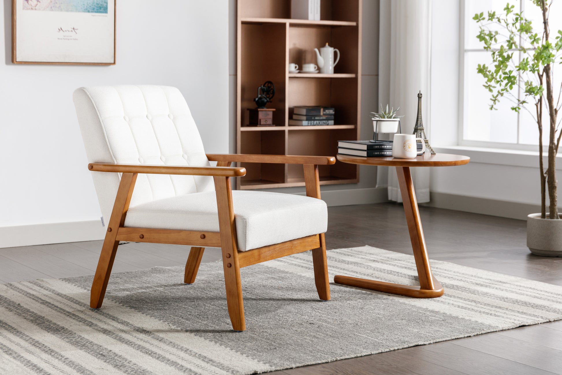 Leisure Chair With Solid Wood Armrest And Feet, Mid Century Modern Accent Chair, For Living Room Bedroom Studio Chair Beige Linen