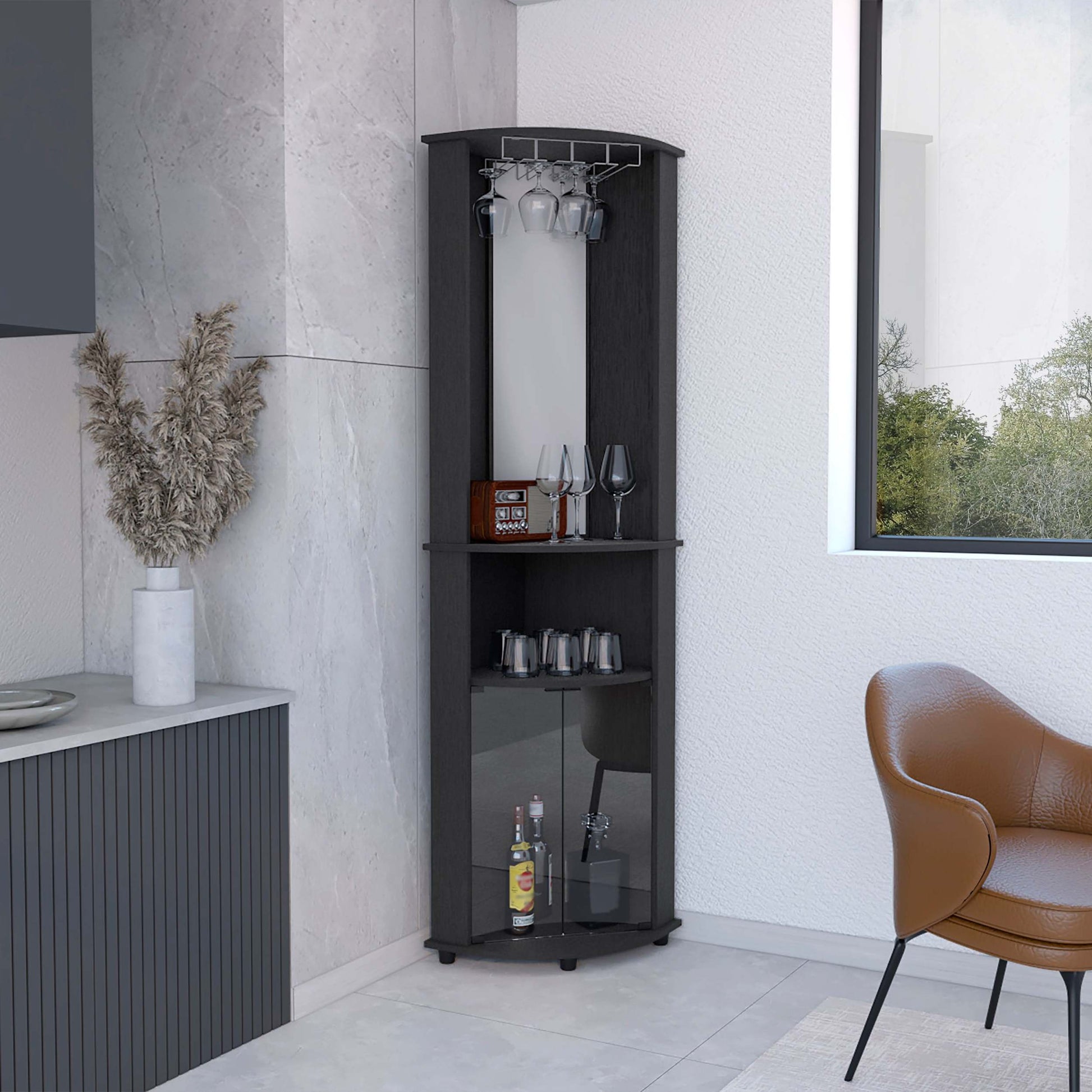 Chicago 75" H Mirrored Corner Bar Cabinet, With Glass Doors, Two Shelves And Stemware Black Particle Board