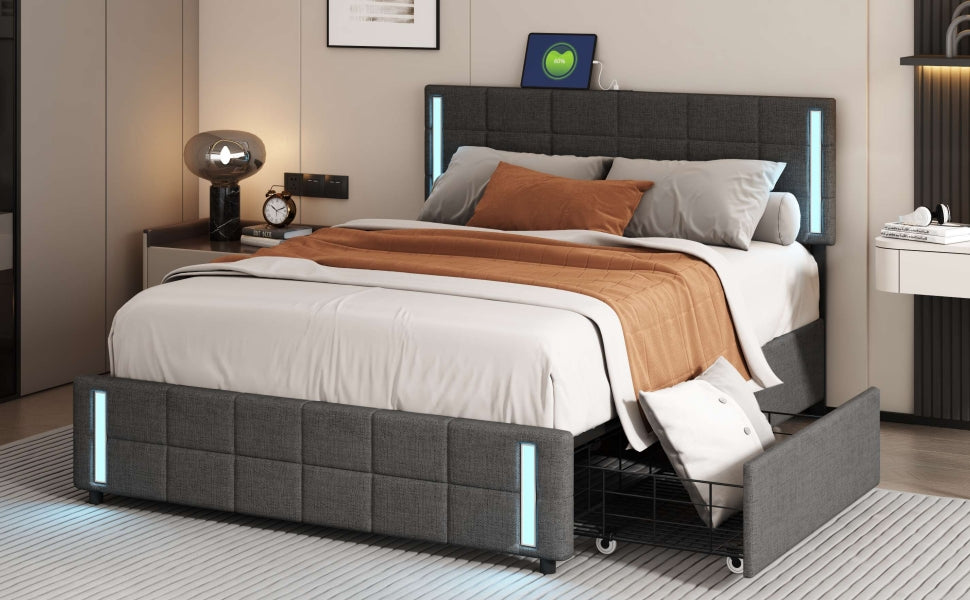 Queen Size Upholstered Platform Bed With Led Lights And Usb Charging, Storage Bed With 4 Drawers, Gray Linen Gray Linen