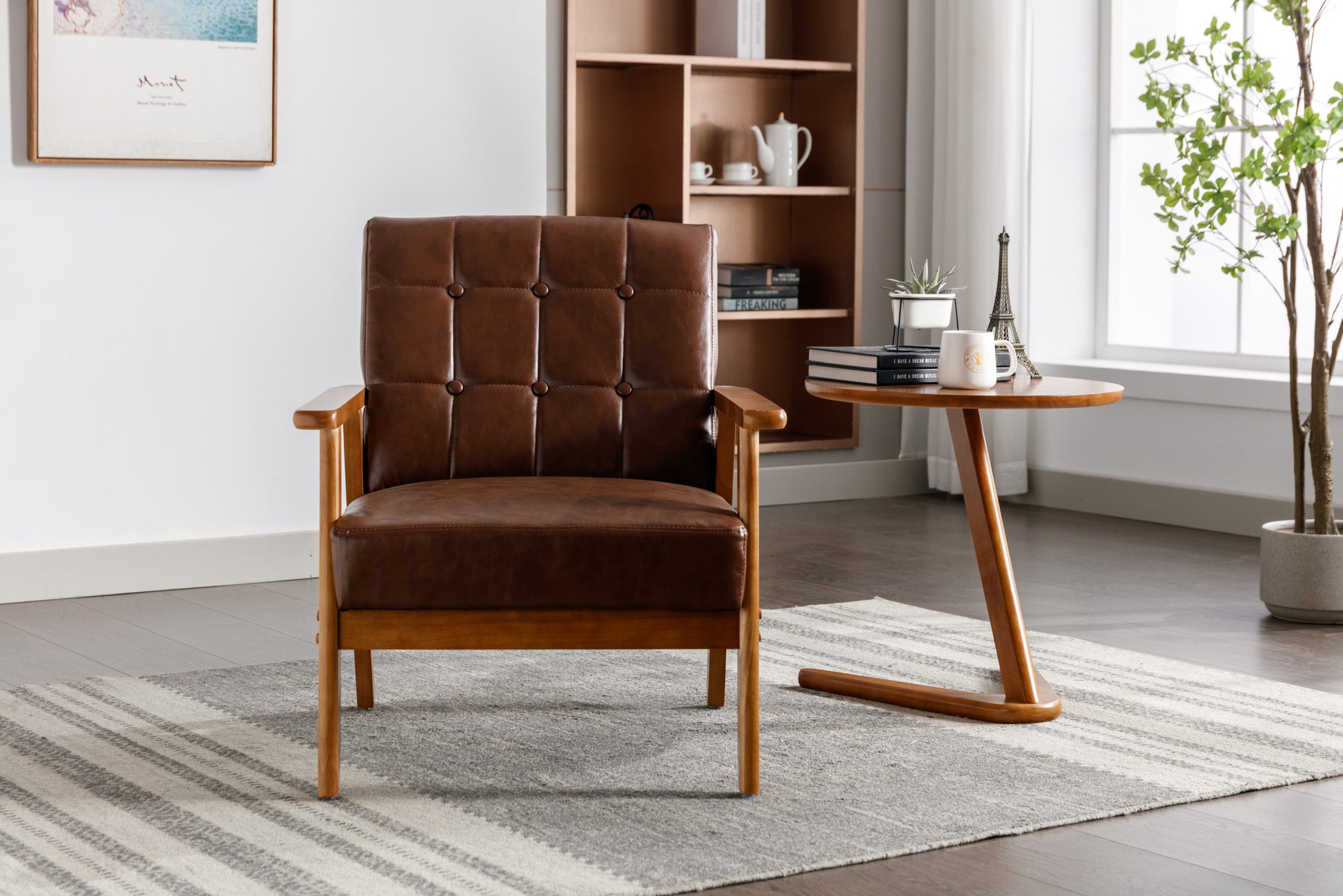 Leisure Chair With Solid Wood Armrest And Feet, Mid Century Modern Accent Chair, For Living Room Bedroom Studio Chair Brown Pu Pu Leather