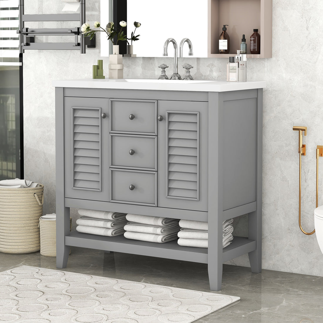 36" Bathroom Vanity With Ceramic Basin, Two Cabinets And Drawers, Open Shelf, Solid Wood Frame, Grey Old Sku: Sy999101Aae Grey Solid Wood Mdf