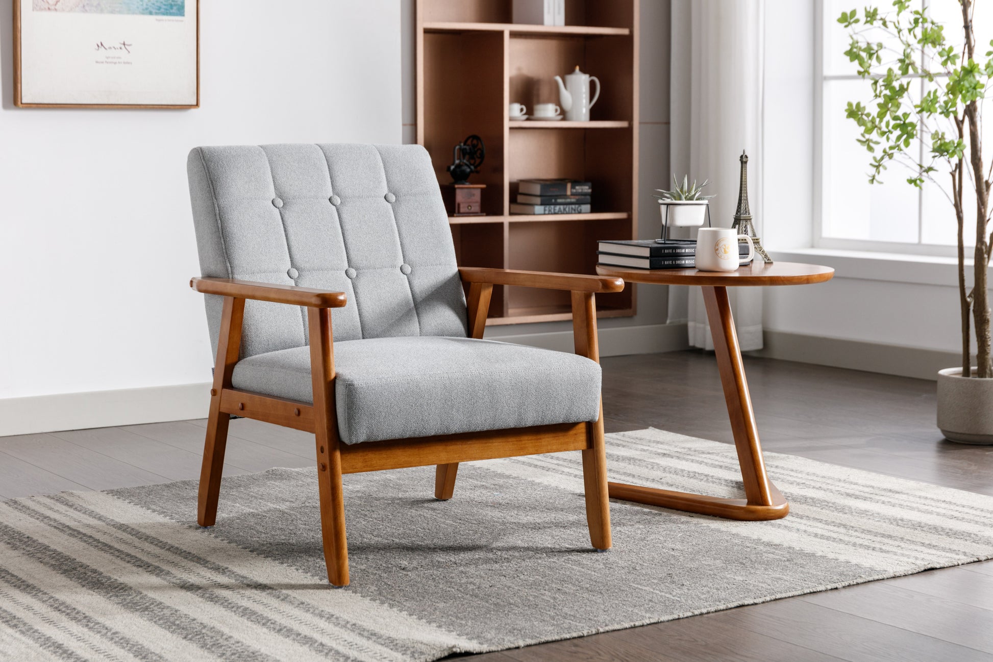 Leisure Chair With Solid Wood Armrest And Feet, Mid Century Modern Accent Chair, For Living Room Bedroom Studio Chair Light Gray Linen