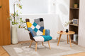 Modern Patchwork Accent Chair With Solid Wood Armrest And Feet, Mid Century Modern Accent Sofa, Fabric Sofa Chair For Living Room Bedroom Studio, Comfy Side Armchair For Bed Antique Blue Foam Linen