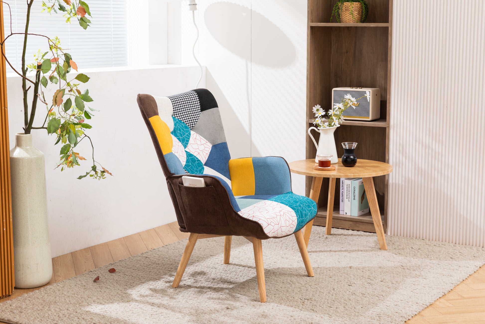 Modern Patchwork Accent Chair With Solid Wood Armrest And Feet, Mid Century Modern Accent Sofa, Fabric Sofa Chair For Living Room Bedroom Studio, Comfy Side Armchair For Bed Antique Blue Foam Linen