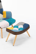 Modern Patchwork Accent Chair With Solid Wood Armrest And Feet, Mid Century Modern Accent Sofa, Fabric Sofa Chair For Living Room Bedroom Studio, Comfy Side Armchair For Bed Antique Blue Foam Linen