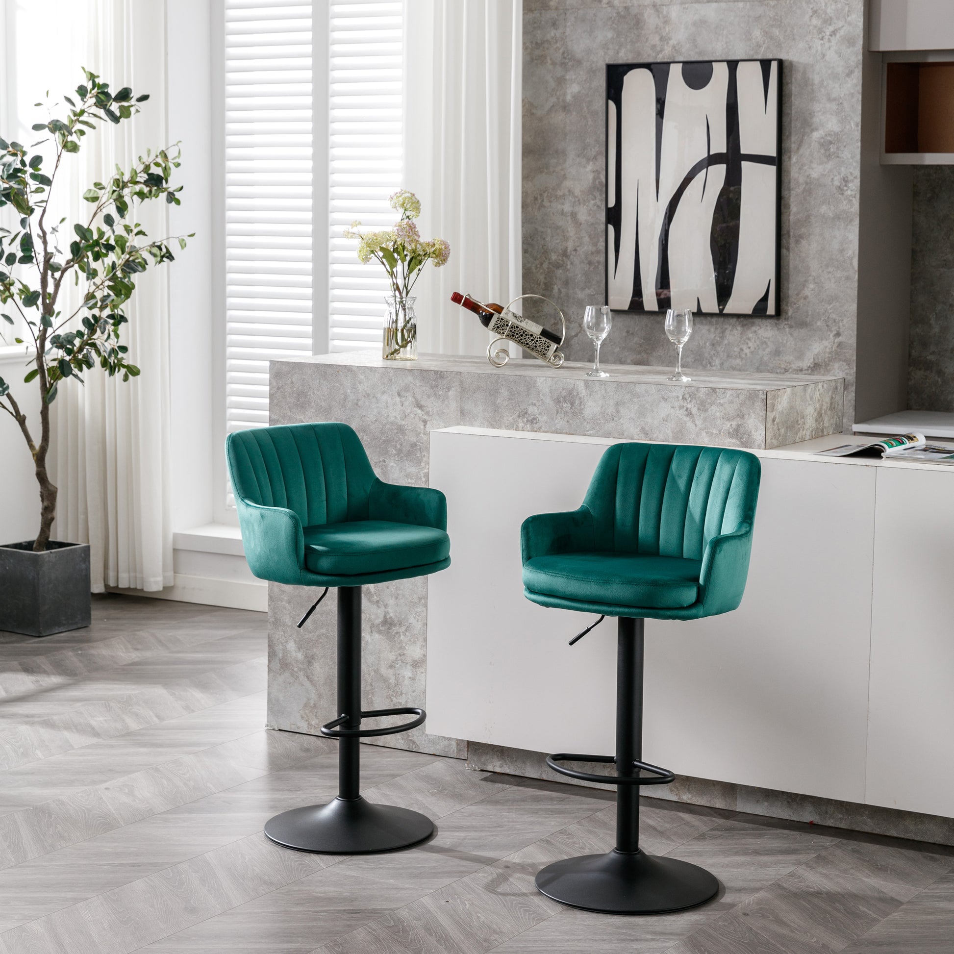 Bar Stools Set Of 2 Adjustable Barstools With Back And Footrest, Counter Height Bar Chairs For Kitchen, Pub Green Green Foam Fabric