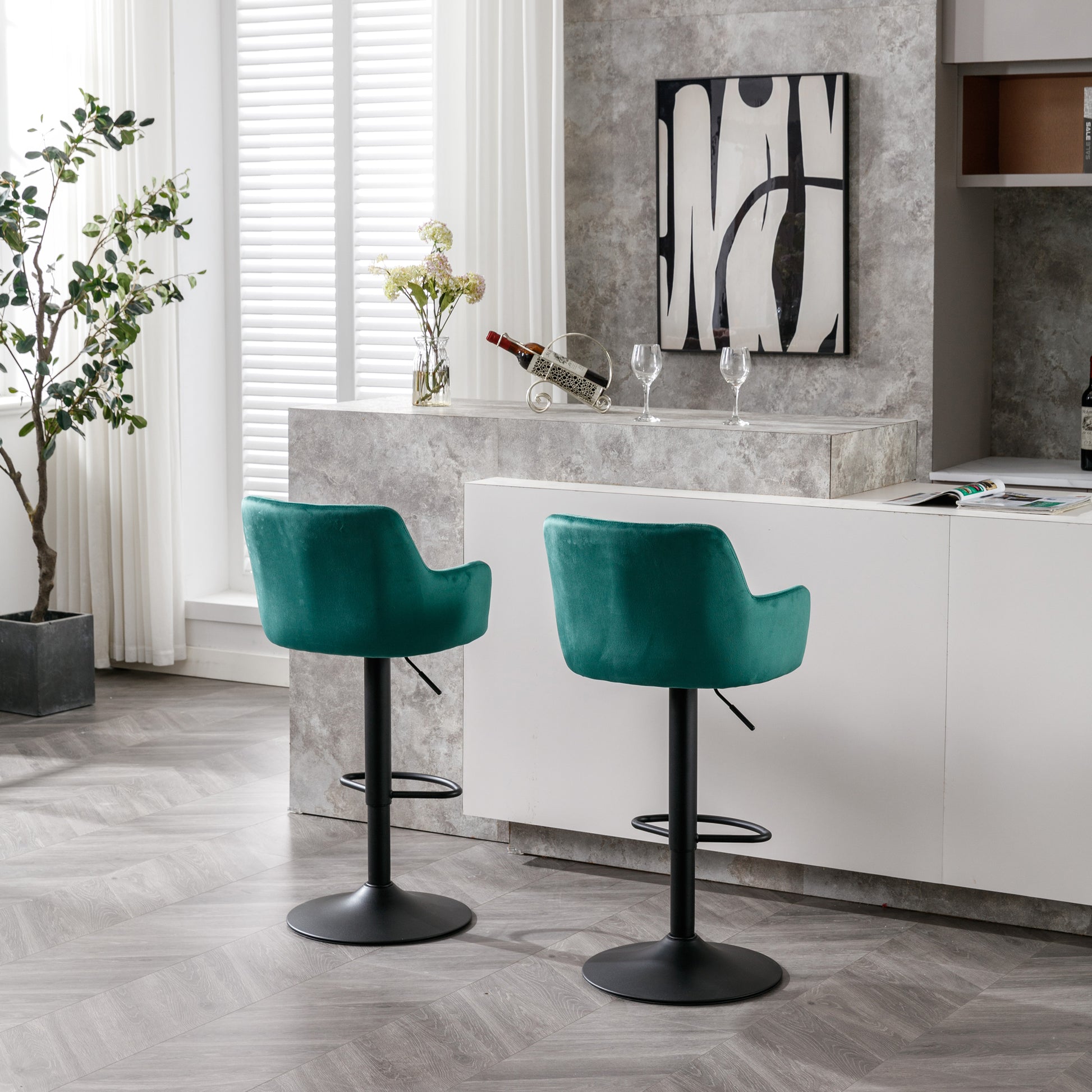 Bar Stools Set Of 2 Adjustable Barstools With Back And Footrest, Counter Height Bar Chairs For Kitchen, Pub Green Green Foam Fabric