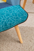 Modern Patchwork Accent Chair With Solid Wood Armrest And Feet, Mid Century Modern Accent Sofa, Fabric Sofa Chair For Living Room Bedroom Studio, Comfy Side Armchair For Bed Antique Blue Foam Linen