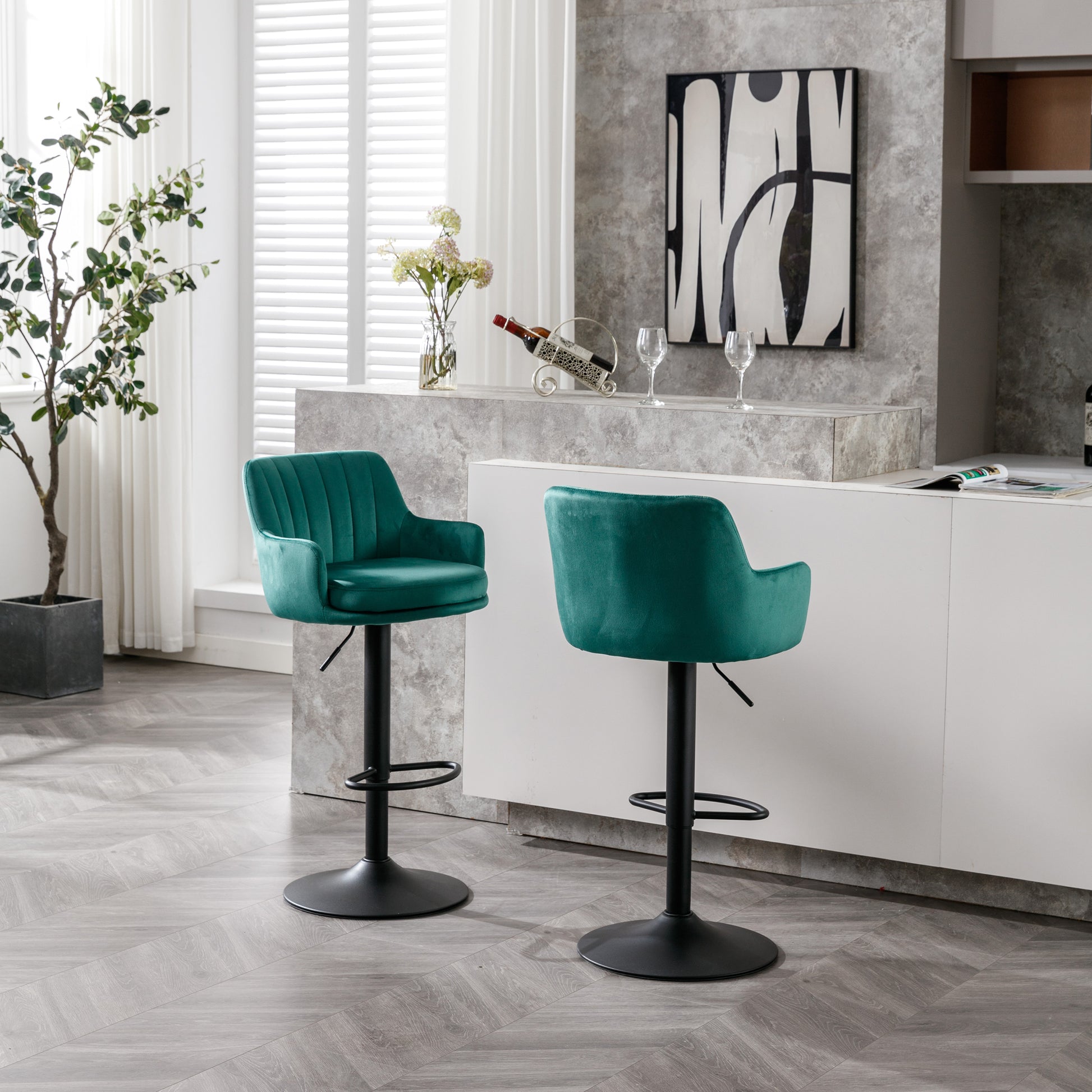Bar Stools Set Of 2 Adjustable Barstools With Back And Footrest, Counter Height Bar Chairs For Kitchen, Pub Green Green Foam Fabric