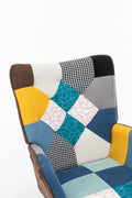 Modern Patchwork Accent Chair With Solid Wood Armrest And Feet, Mid Century Modern Accent Sofa, Fabric Sofa Chair For Living Room Bedroom Studio, Comfy Side Armchair For Bed Antique Blue Foam Linen