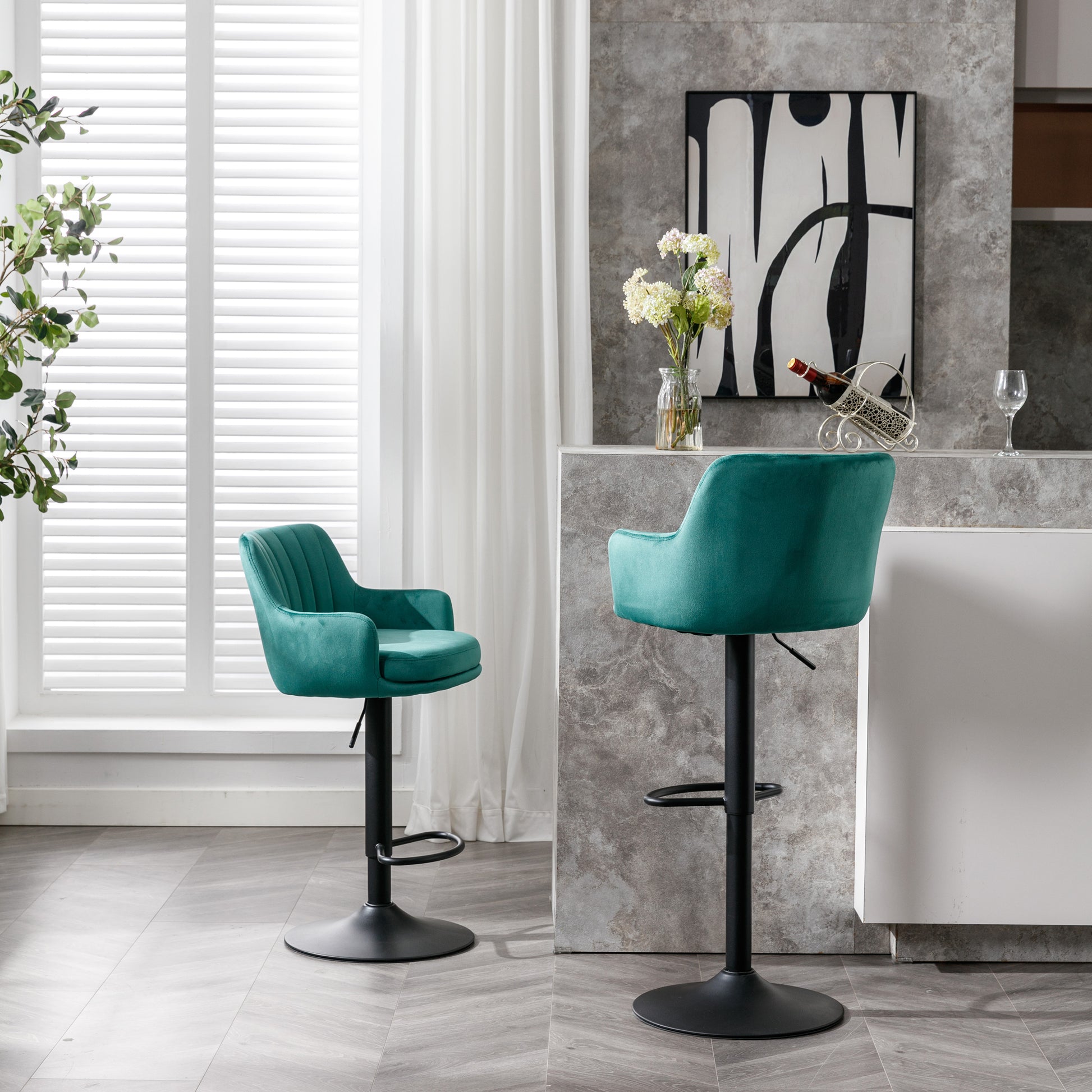 Bar Stools Set Of 2 Adjustable Barstools With Back And Footrest, Counter Height Bar Chairs For Kitchen, Pub Green Green Foam Fabric