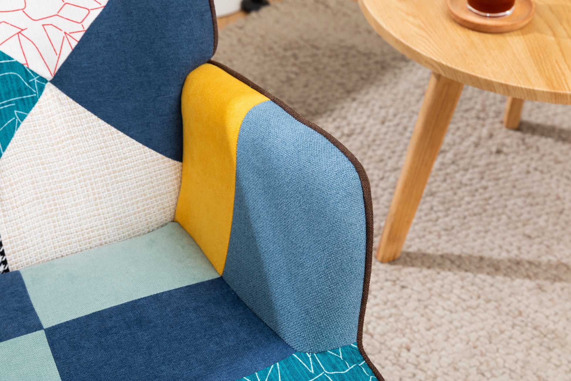 Modern Patchwork Accent Chair With Solid Wood Armrest And Feet, Mid Century Modern Accent Sofa, Fabric Sofa Chair For Living Room Bedroom Studio, Comfy Side Armchair For Bed Antique Blue Foam Linen
