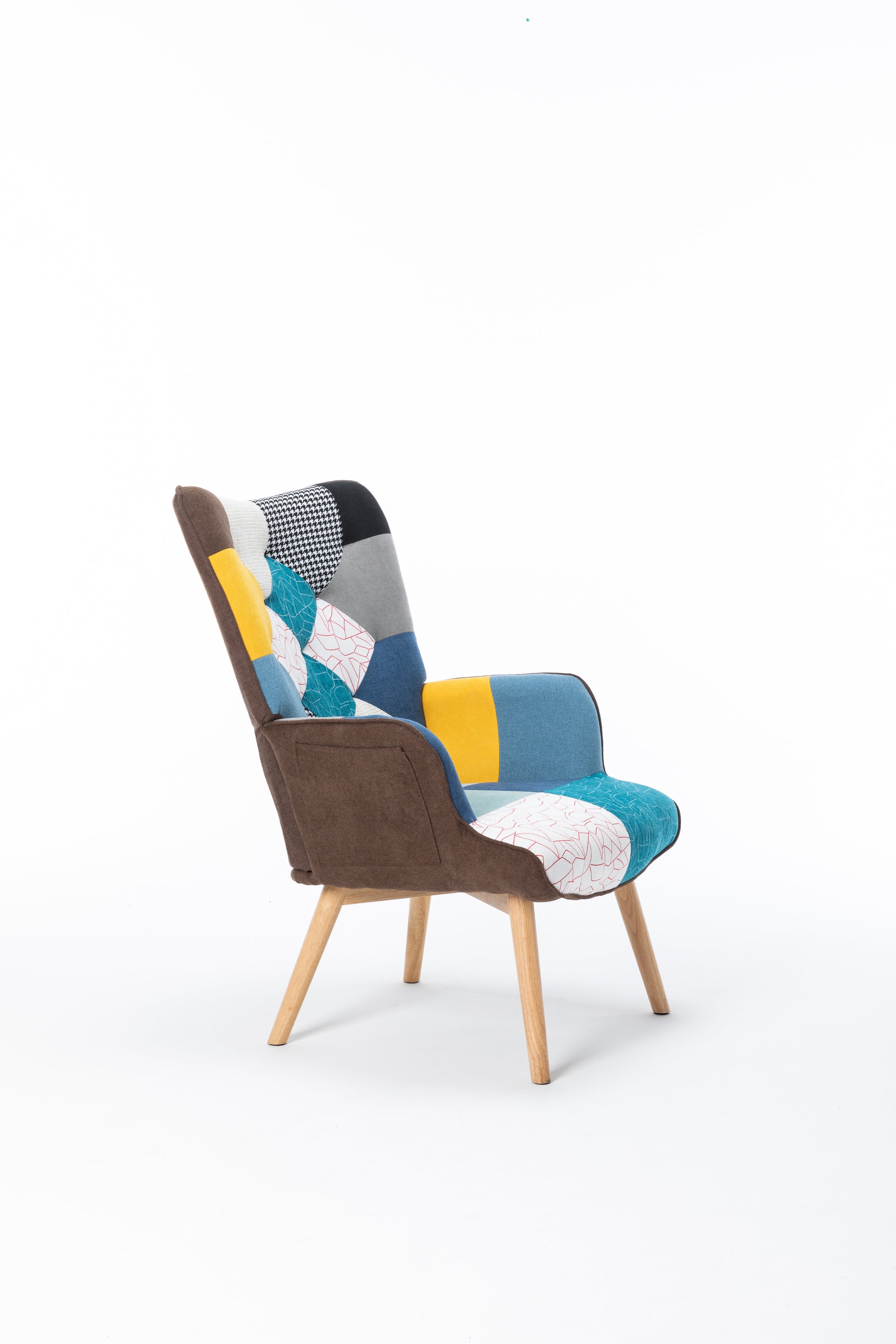 Modern Patchwork Accent Chair With Solid Wood Armrest And Feet, Mid Century Modern Accent Sofa, Fabric Sofa Chair For Living Room Bedroom Studio, Comfy Side Armchair For Bed Antique Blue Foam Linen