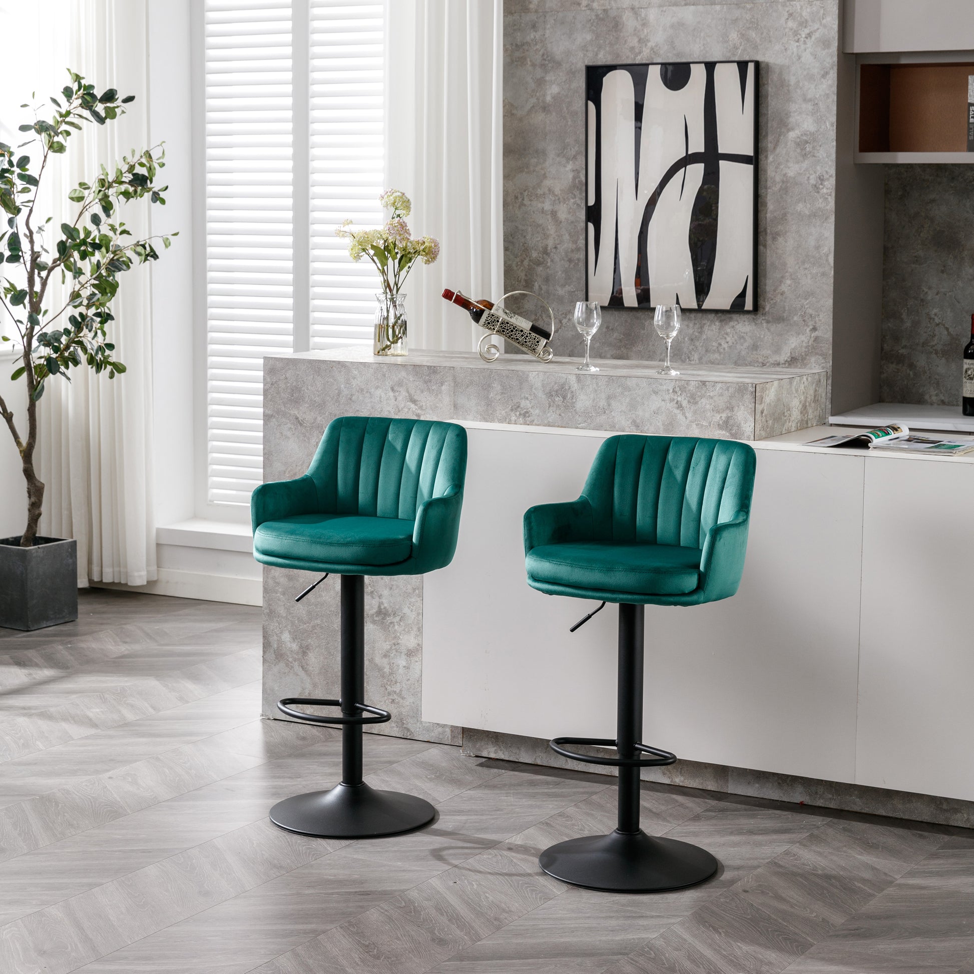 Bar Stools Set Of 2 Adjustable Barstools With Back And Footrest, Counter Height Bar Chairs For Kitchen, Pub Green Green Foam Fabric