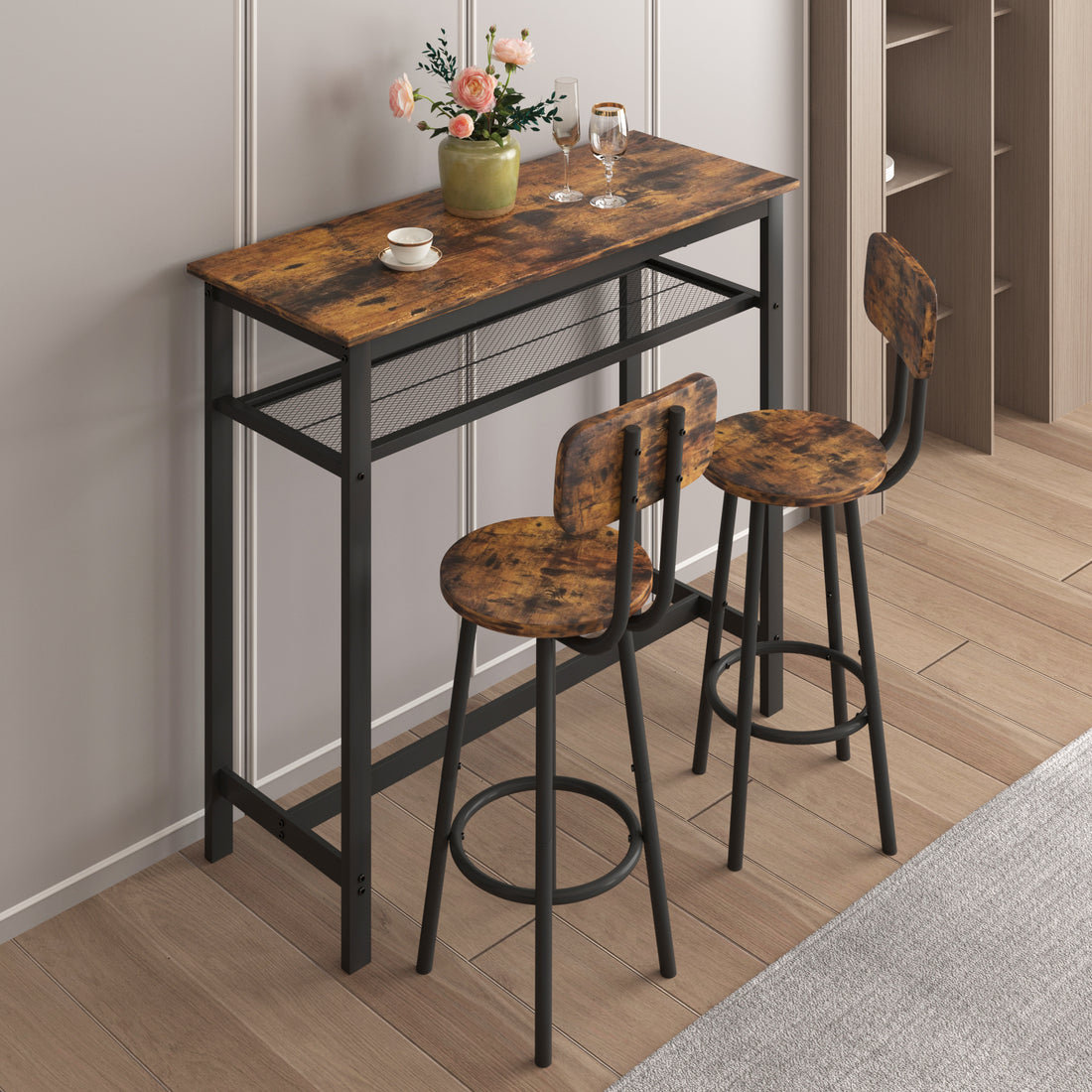 Bar Table, Equipped With 2 Bar Stoolswith Backrest And Partition Rustic Brown Brown Seats 2 Mdf