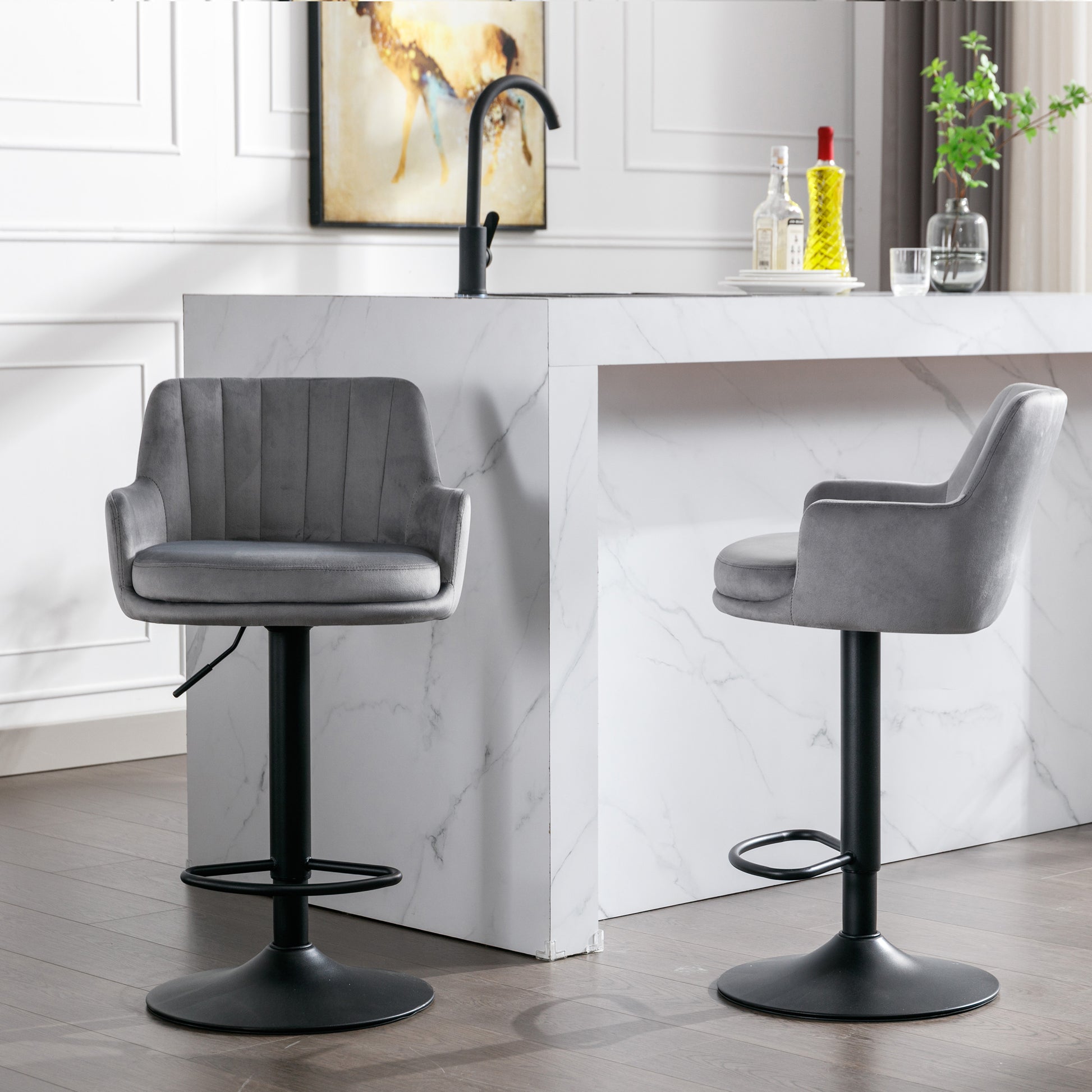 Bar Stools Set Of 2 Adjustable Barstools With Back And Footrest, Counter Height Bar Chairs For Kitchen, Pub Gray Gray Foam Fabric