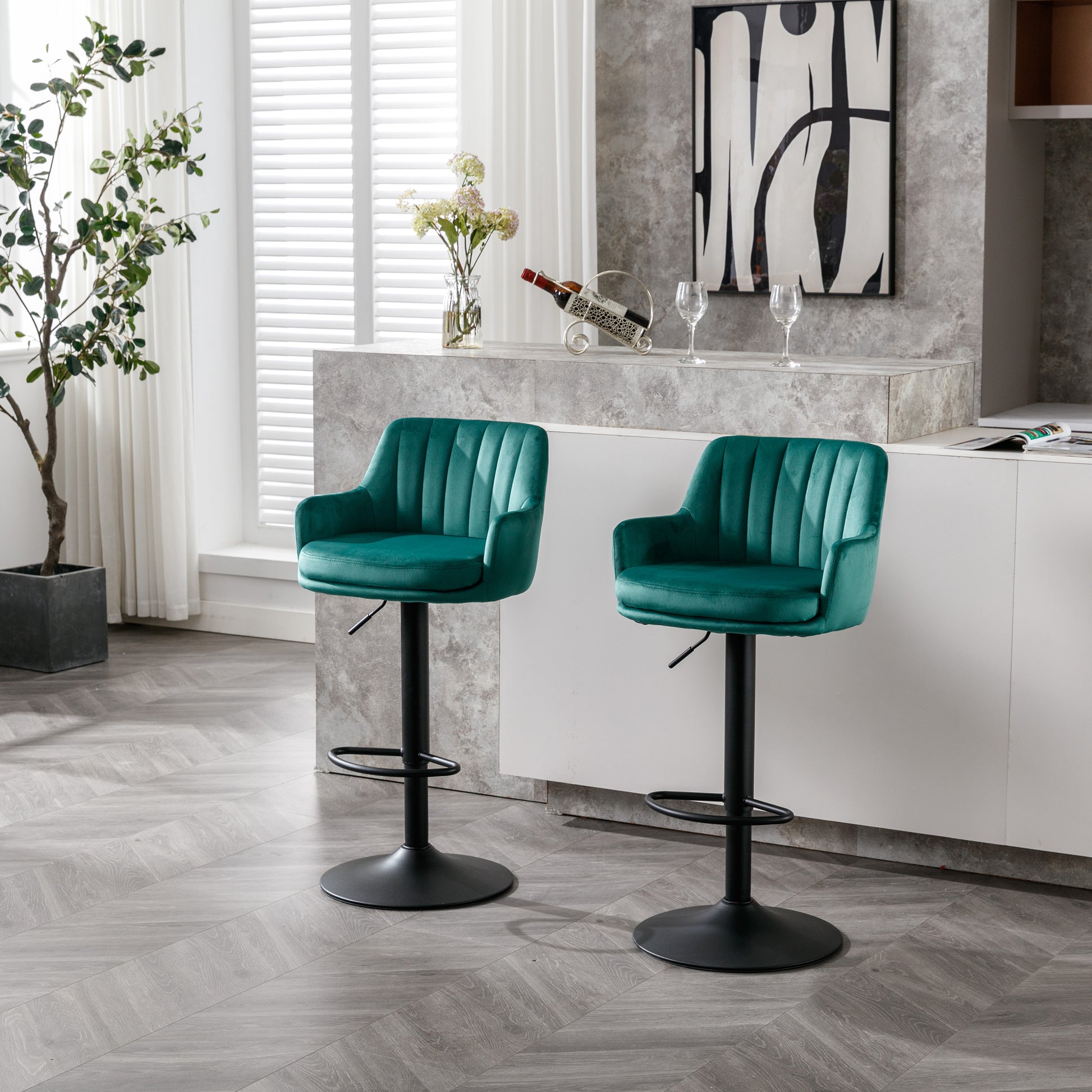 Bar Stools Set Of 2 Adjustable Barstools With Back And Footrest, Counter Height Bar Chairs For Kitchen, Pub Green Green Foam Fabric
