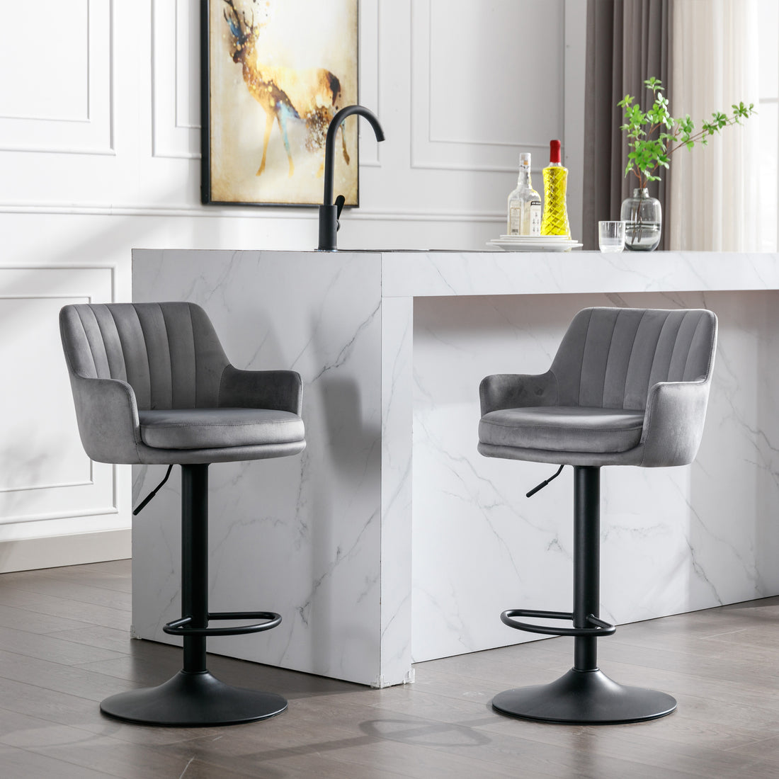 Bar Stools Set Of 2 Adjustable Barstools With Back And Footrest, Counter Height Bar Chairs For Kitchen, Pub Gray Gray Foam Fabric