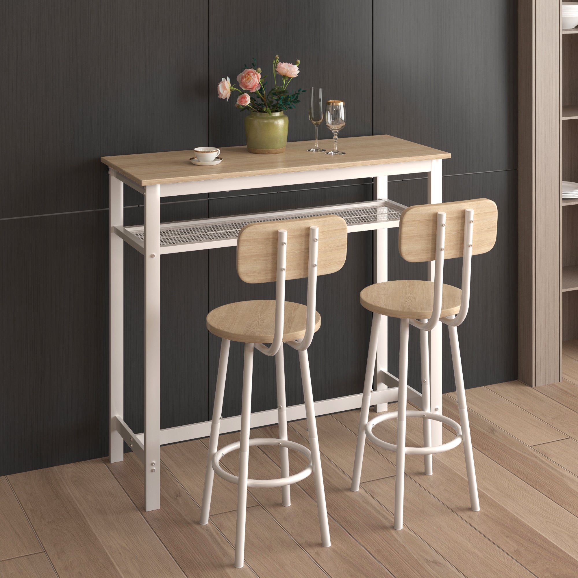 Bar Table, Equipped With 2 Bar Stoolswith Backrest And Partition Beige Beige Seats 2 Mdf