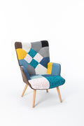 Modern Patchwork Accent Chair With Solid Wood Armrest And Feet, Mid Century Modern Accent Sofa, Fabric Sofa Chair For Living Room Bedroom Studio, Comfy Side Armchair For Bed Antique Blue Foam Linen