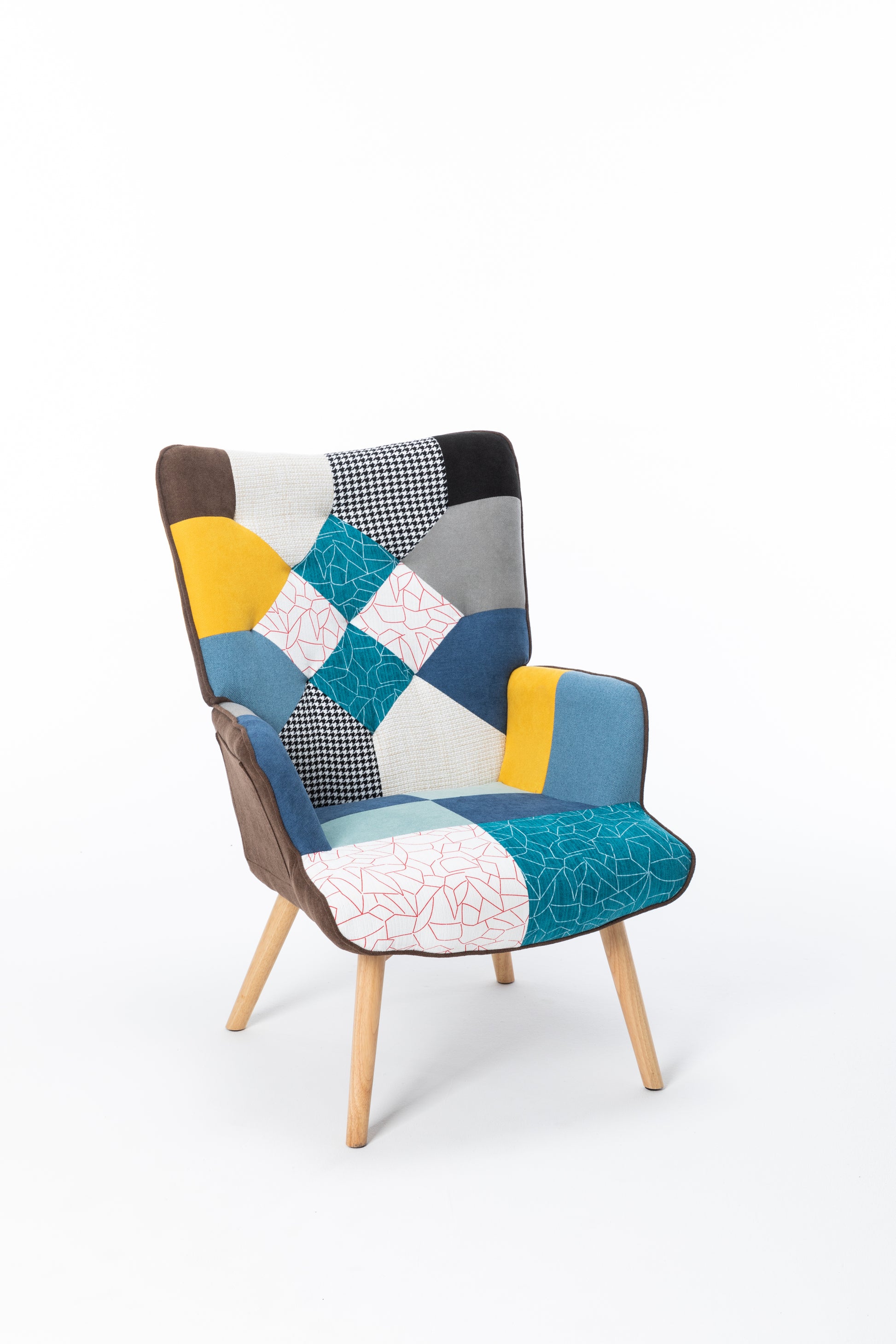 Modern Patchwork Accent Chair With Solid Wood Armrest And Feet, Mid Century Modern Accent Sofa, Fabric Sofa Chair For Living Room Bedroom Studio, Comfy Side Armchair For Bed Antique Blue Foam Linen