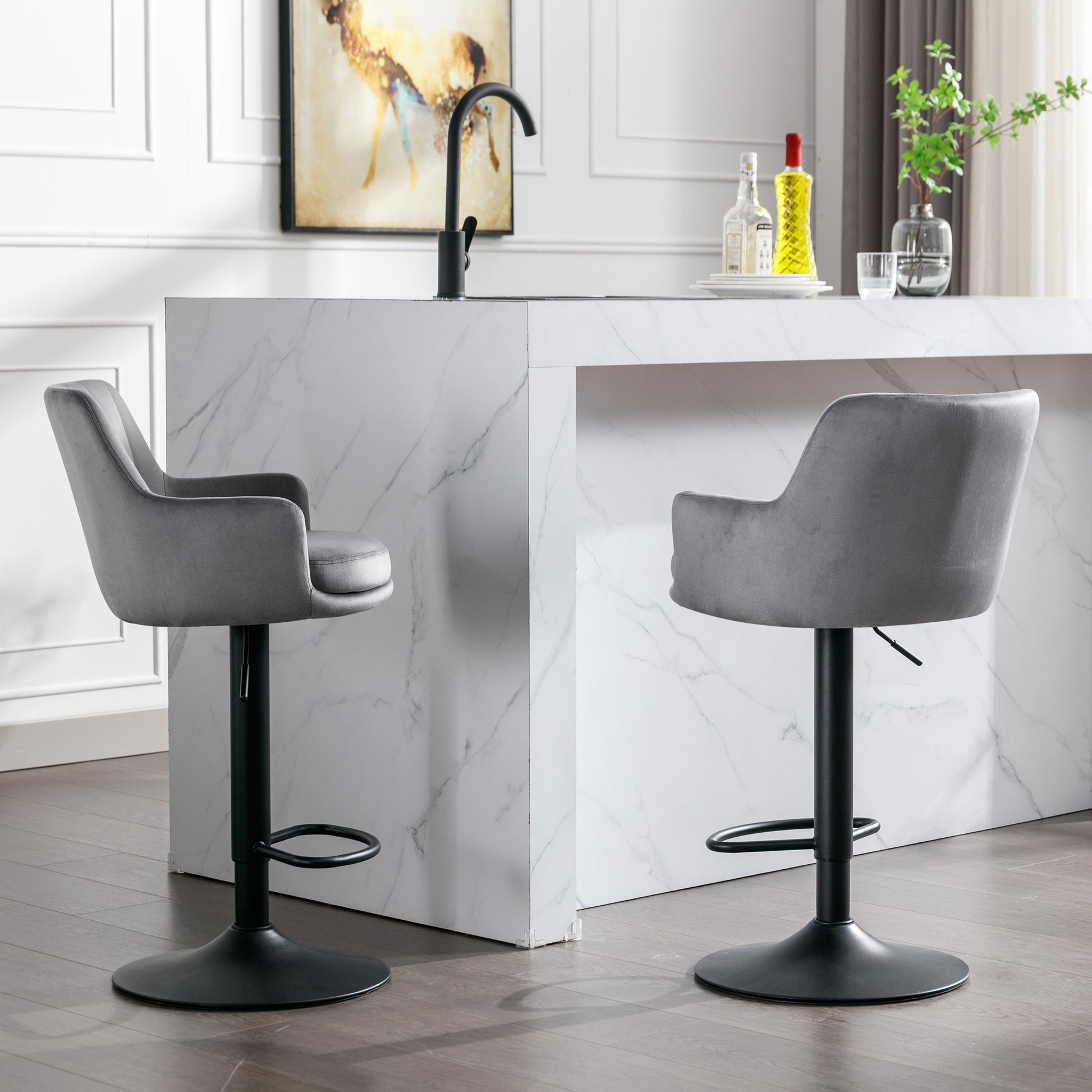 Bar Stools Set Of 2 Adjustable Barstools With Back And Footrest, Counter Height Bar Chairs For Kitchen, Pub Gray Gray Foam Fabric