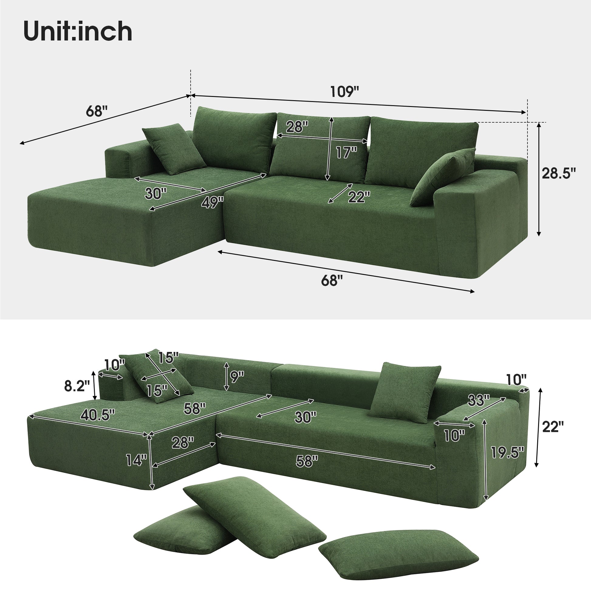 109*68" Modular Sectional Living Room Sofa Set, Modern Minimalist Style Couch, Upholstered Sleeper Sofa For Living Room, Bedroom, Salon, 2 Pc Free Combination, L Shape, Green Green Foam Chenille 4 Seat