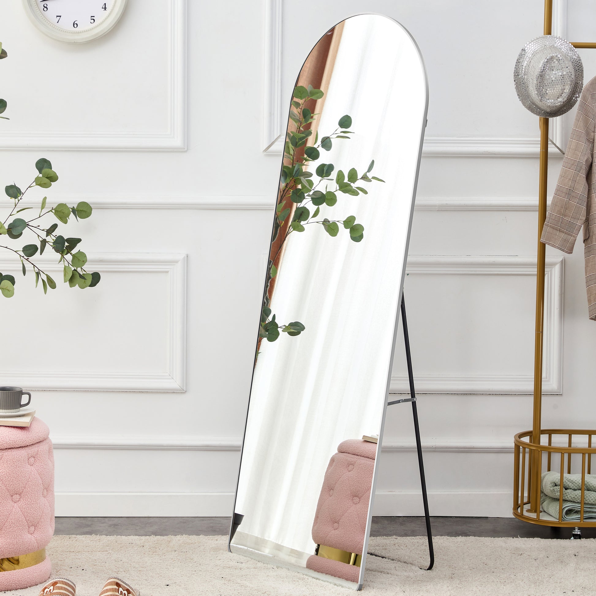 4Rd Generation Silver Aluminum Alloy Metal Frame Arched Wall Mirror, Bathroom Makeup Mirror, Decorative Mirror, Clothing Store, Floor Standing Large Mirror, Wall Mounted. 65 "* 23"W1151125606 Silver Glass