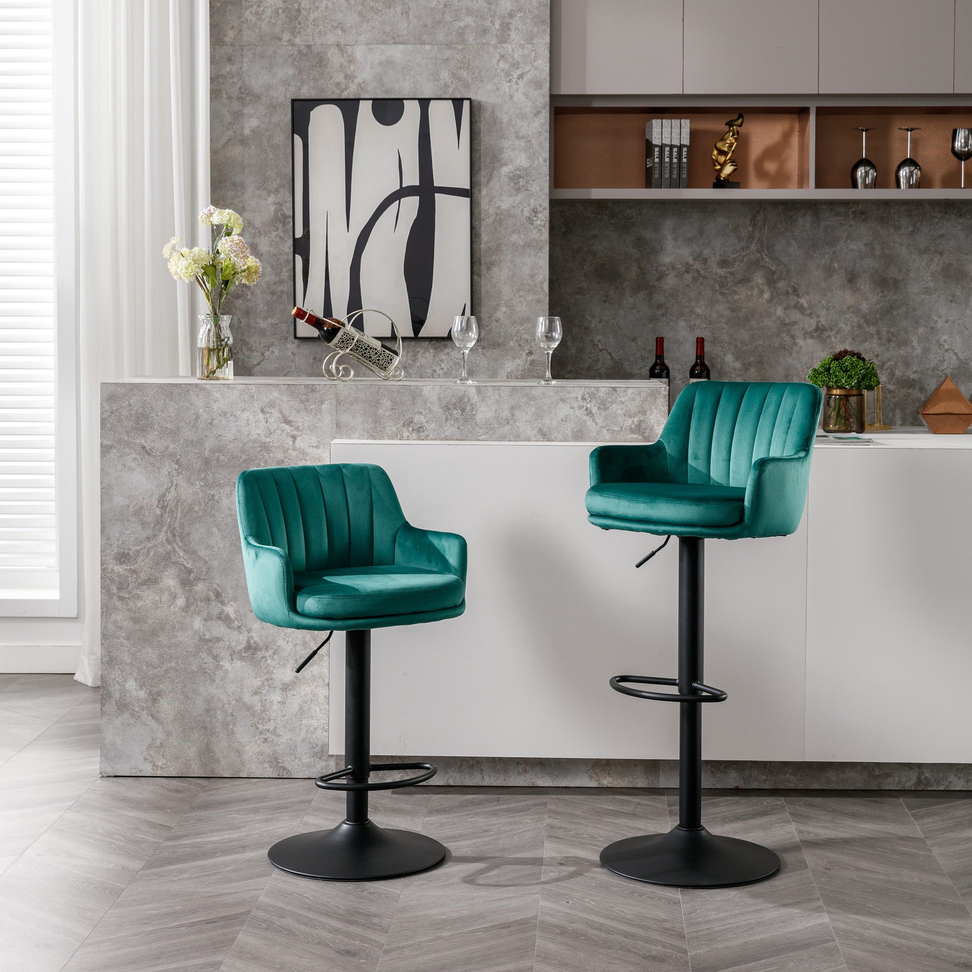 Bar Stools Set Of 2 Adjustable Barstools With Back And Footrest, Counter Height Bar Chairs For Kitchen, Pub Green Green Foam Fabric