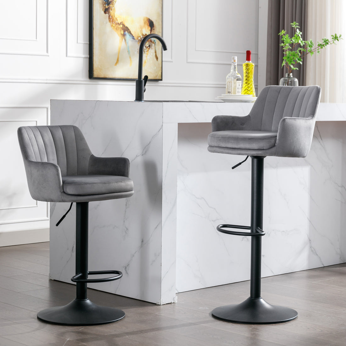 Bar Stools Set Of 2 Adjustable Barstools With Back And Footrest, Counter Height Bar Chairs For Kitchen, Pub Gray Gray Foam Fabric