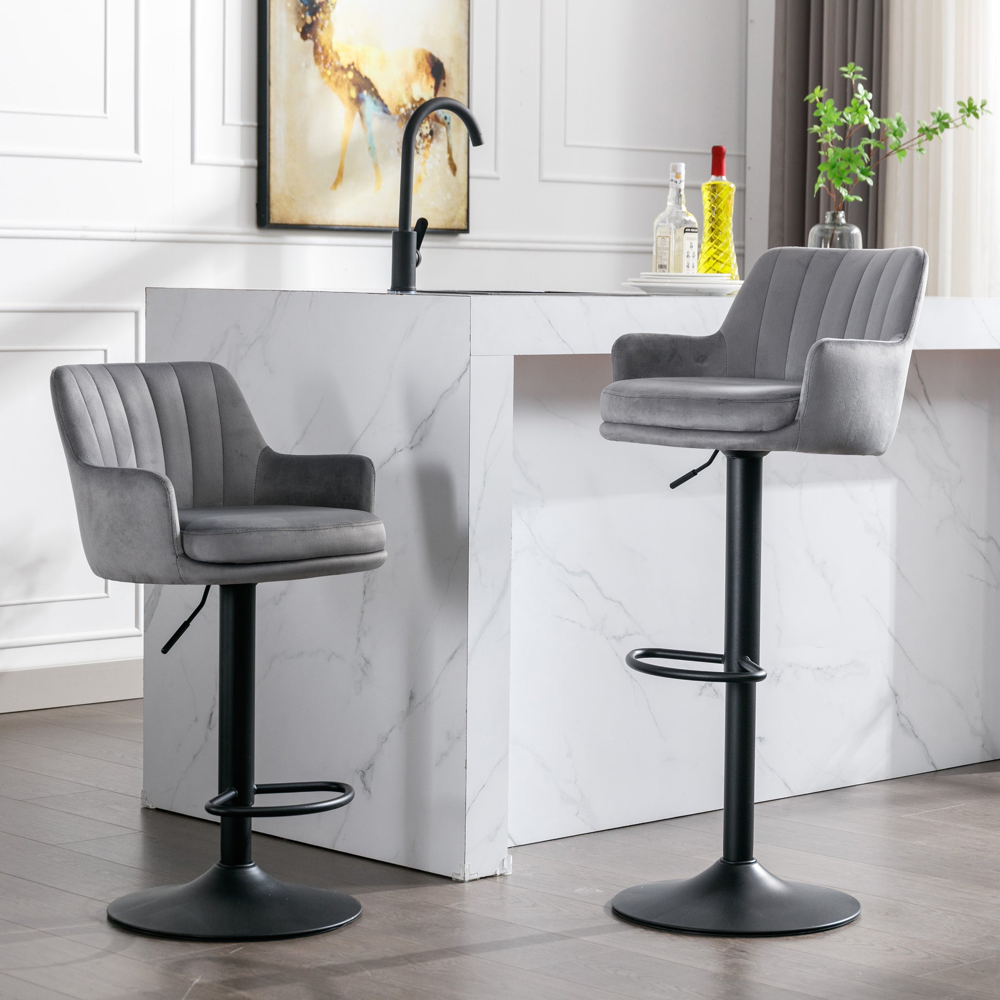 Bar Stools Set Of 2 Adjustable Barstools With Back And Footrest, Counter Height Bar Chairs For Kitchen, Pub Gray Gray Foam Fabric